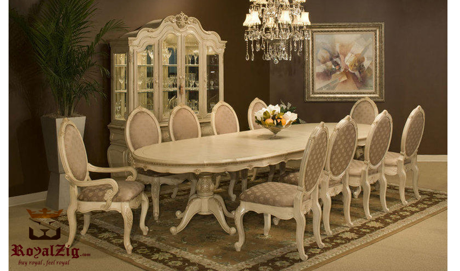 10 Seater Antique Dining Table in Classic Teak Wood Carving Design-Carved in India Brand Royalzig Luxury Furniture