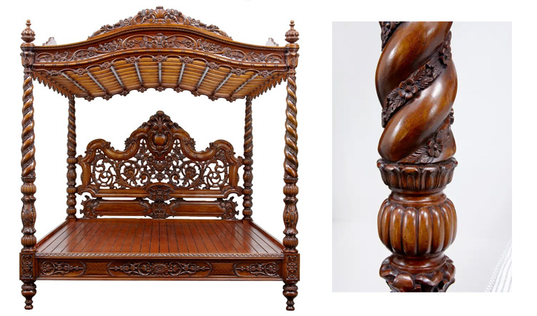 Antique Four Poster Bed in Teak Carving - Carved By Brand Royalzig Luxury Furniture-Shop Online in India 