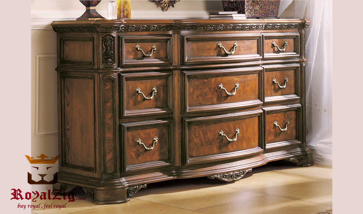 Wooden Chest of Drawers in Wood Carving Design - Hand Carved in India Brand Royalzig Luxury Furniture