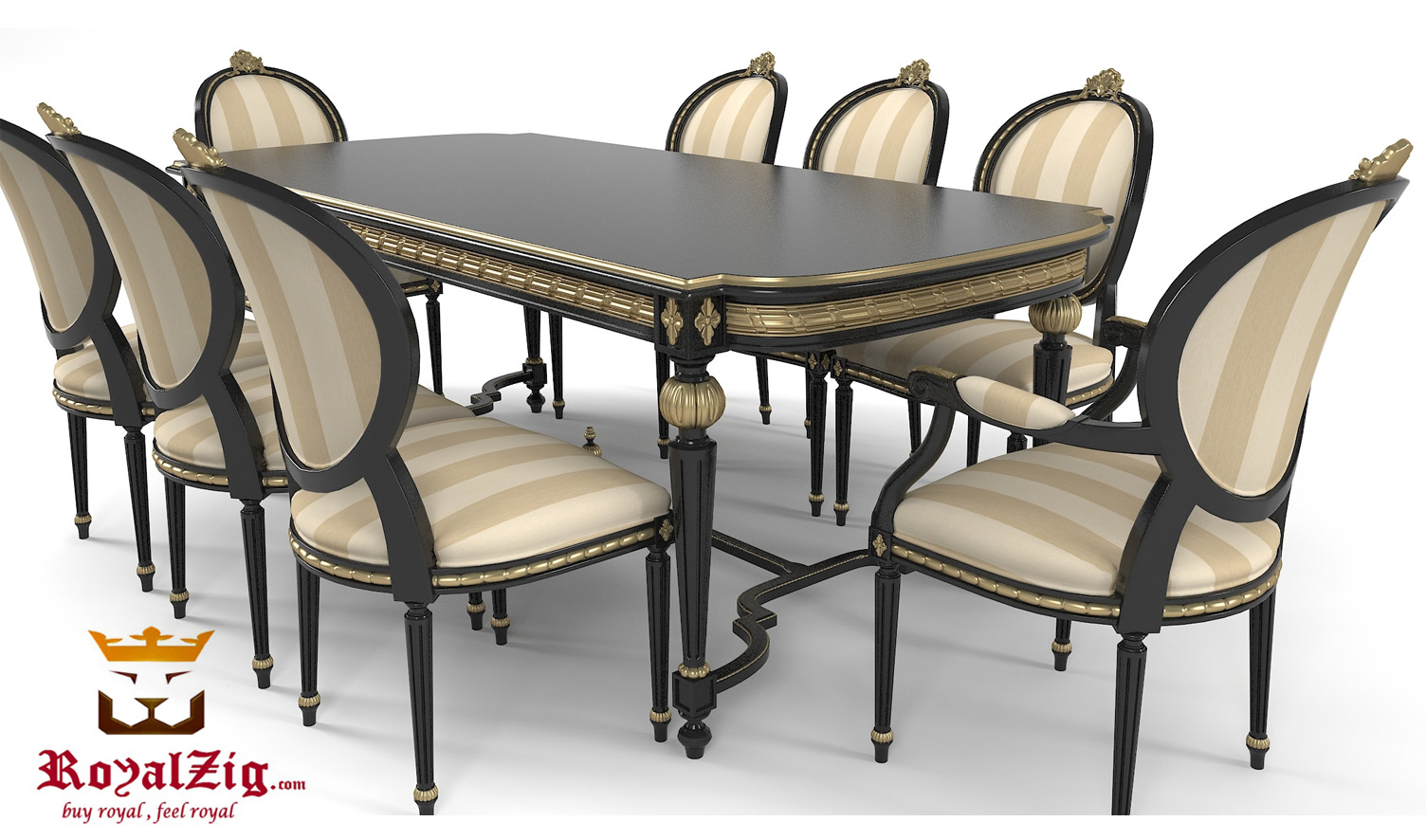 8 Seater Oval Dining Table in Teak Wood Carving - French Classic Style in Black & Gold Color Combination- Carved in India - Brand Royalzig Luxury Furniture 