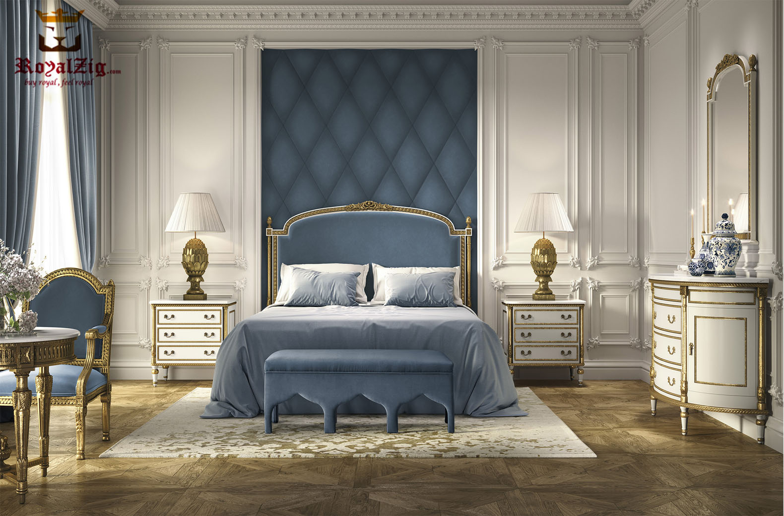 Luxury Bedroom Furniture in Wood Carving French Classic  Design Hand Carved in India Brand Royalzig Luxury Furniture 
