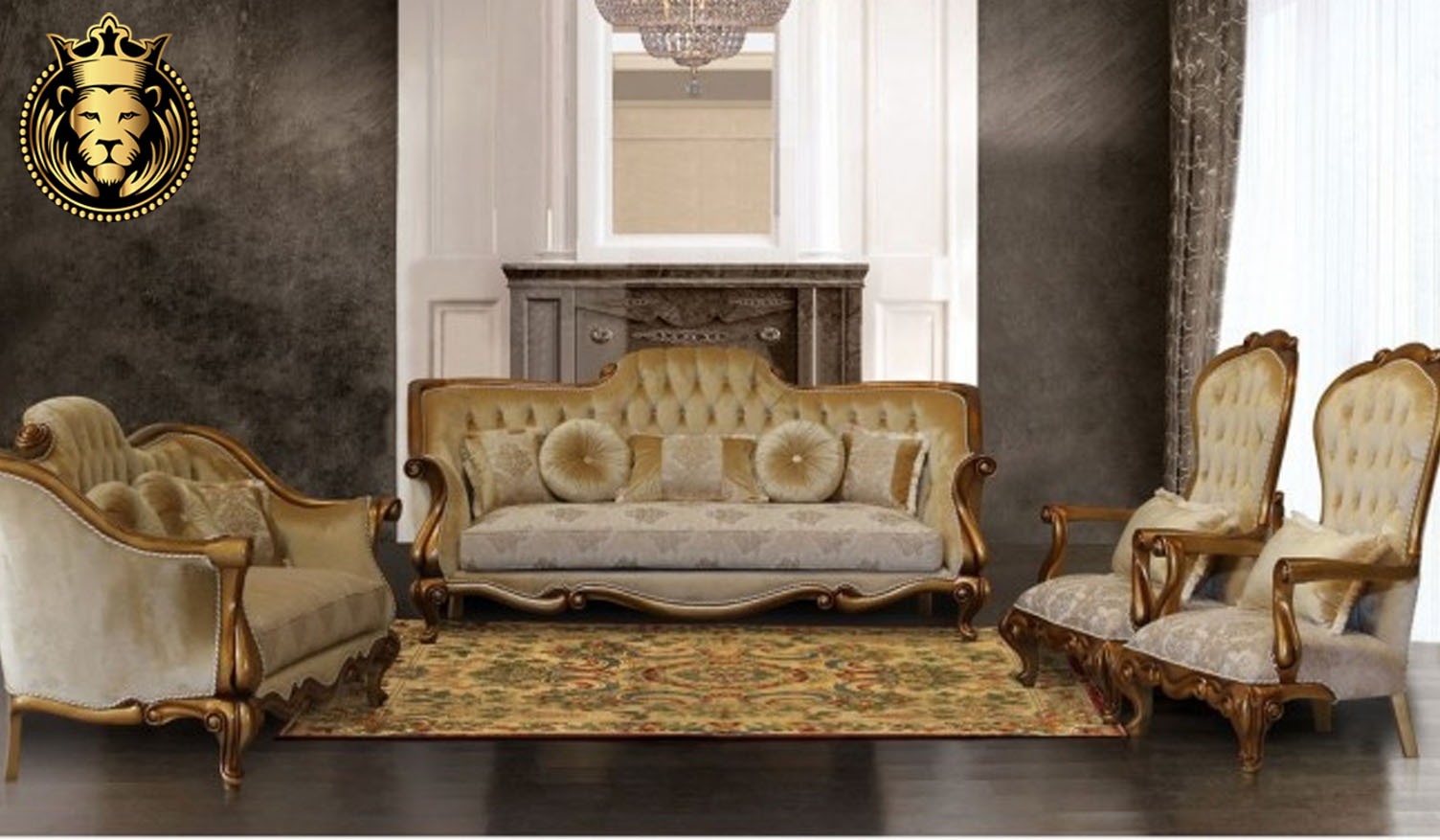 Triveni European Style Antique Golden Finish Sofa Set Royalzig