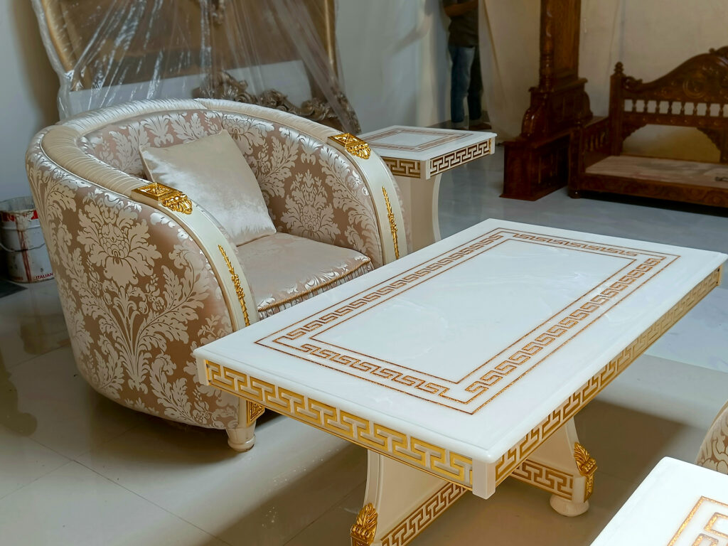 Luxury Sofa- Handcrafted Italian Design Luxury Sofa in Gold Leaf Gilding With 2 Side tables and center table shop online Brand Royalzig