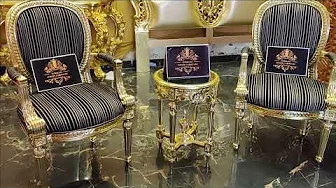 French Classic Chair & Round Coffee Table Gold Leaf Gilding Finish Handcrafted by Brand Royalzig