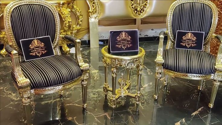 French Classic Chair & Round Coffee Table Gold Leaf Gilding Finish Handcrafted by Brand Royalzig