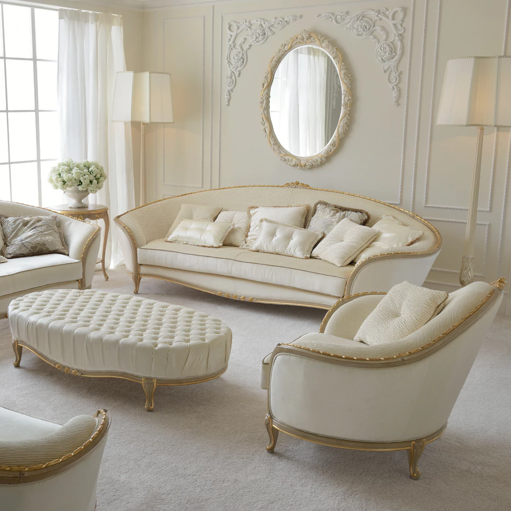 Classic Luxury French Style Sofa Set in Ribbon Carving Design Handcrafted in India Brand Royalzig Luxury Furniture 