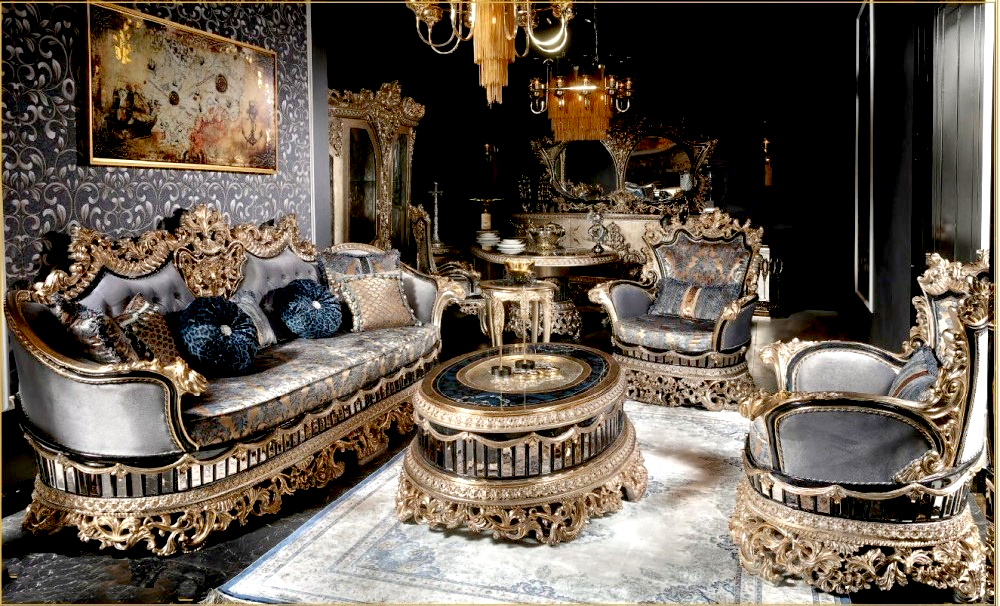 Luxury Living Room Furniture- Hand Carving Luxury Sofa Set in Metallic Copper Gold Color With Gorgeous Combination Of fabric- Carved in India - Brand Royalzig - Global Delivery