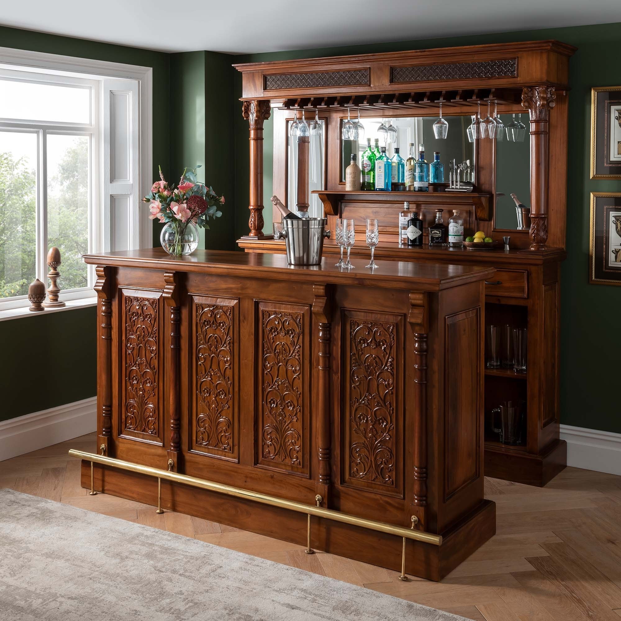 Large Teak Wood home bar with ornate Classic Italian Wood Carving detail- Bespoke Luxury Carved Design- Brand Royalzig Luxury Furniture