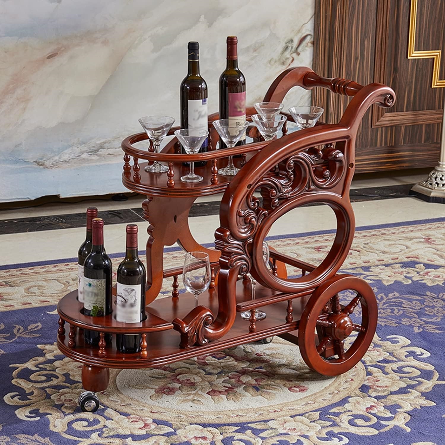 Luxury Wooden Beverage Cart - Classic Italian Carving Royal Design- Carved in India- Brand Royalzig Luxury Furniture