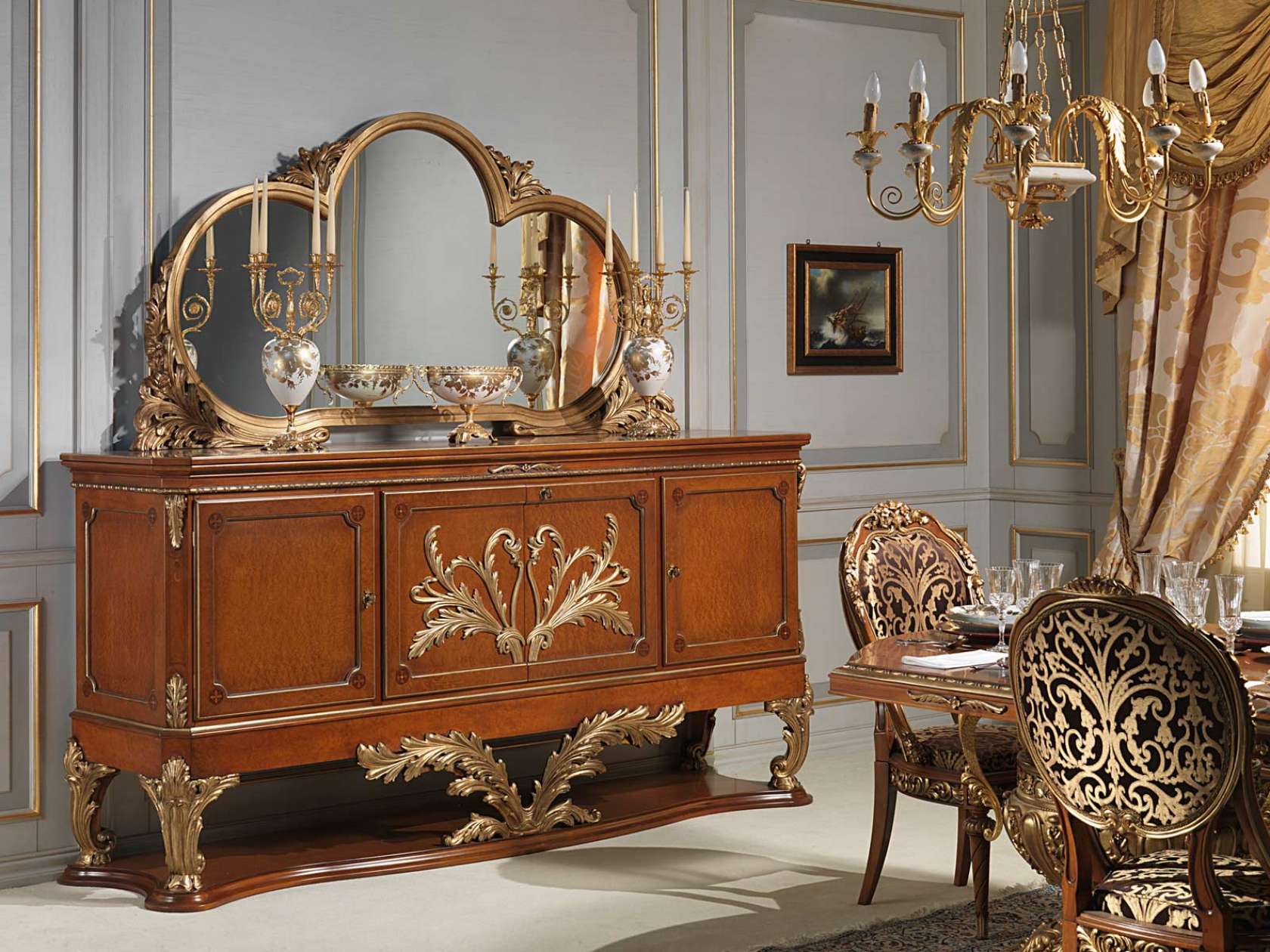 Classic Buffet Furniture in Italian teak Wood Carving - Elegant Wood Color With Gold Carved Motifs - Shop Online- Brand Royalzig Luxury Furniture