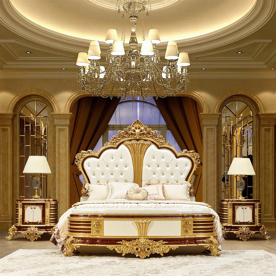 Royal Bed in Luxury Golden Color with Cherry Color Highlight - Classic Wood Carving in European Style - High Headboard with Diamond Tufted White Leather 