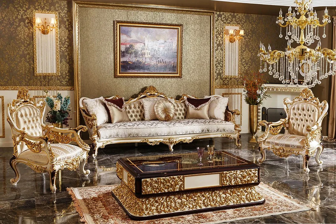 High End Carving Classic Luxury Royal Sofa Set -3+1+1 - in European Style - Carved in Teak Wood- Royal Gold Leaf Gilding on Motifs With Ivory Color- Premium Quality Jacquard Fabric -Handcrafted in India- Brand Royalzig Luxury Furniture