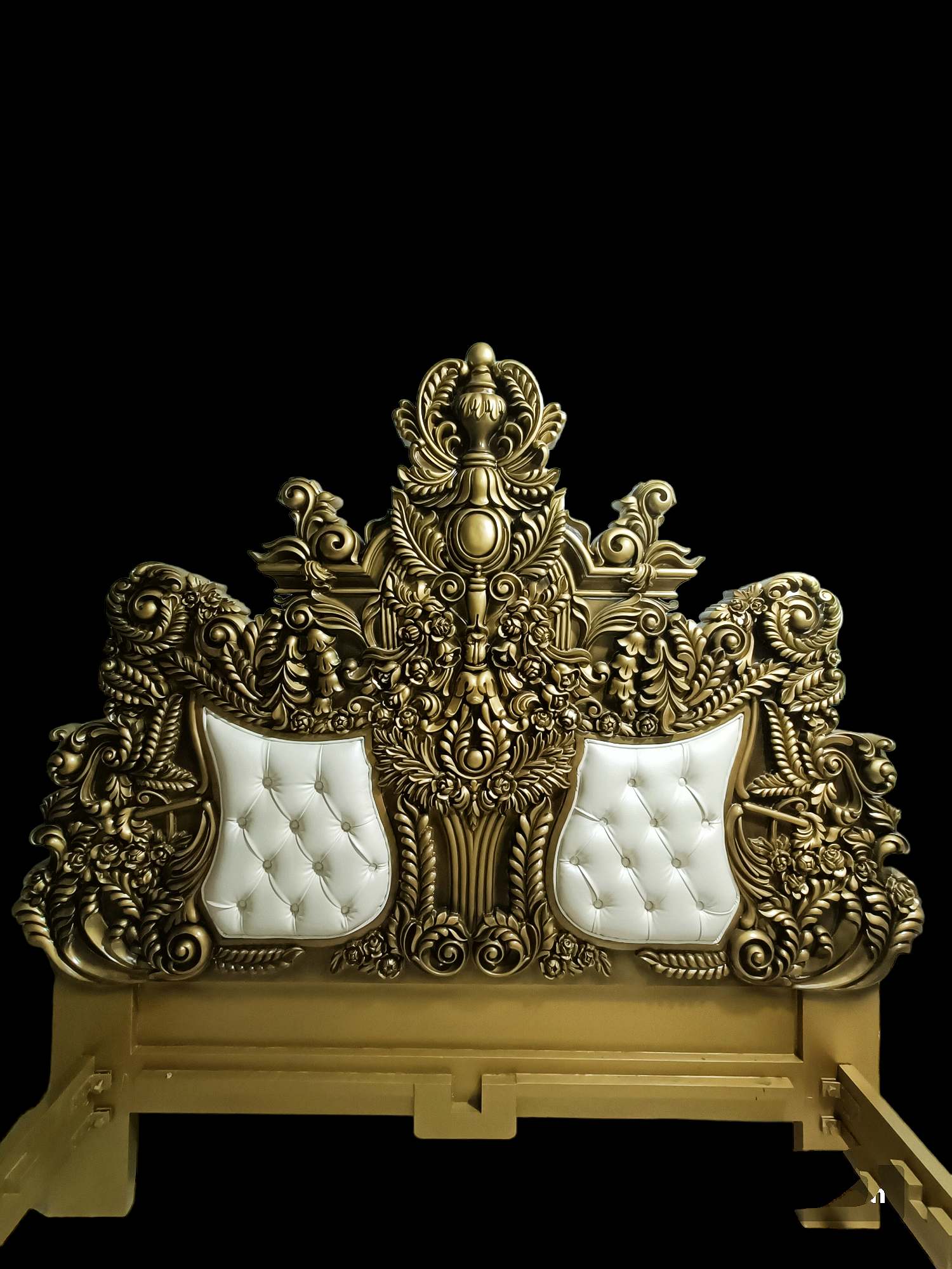 Royal bed Handcrafted maharaja Design made of premium Quality teak Wood - Baroque Style Carving with metallic Gold color and White Tufted Leather - Carved in India Brand Royalzig Luxury Furniture 