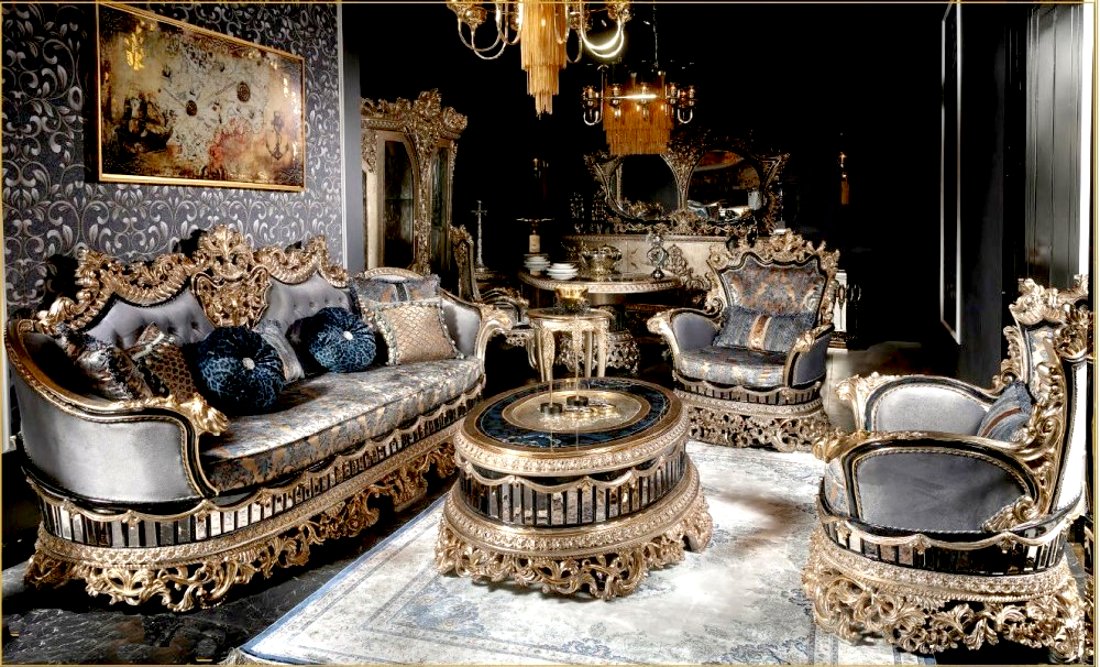Luxury Living Room Furniture- Hand Carving Luxury Sofa Set in Metallic Copper Gold Color With Gorgeous Combination of Fabric