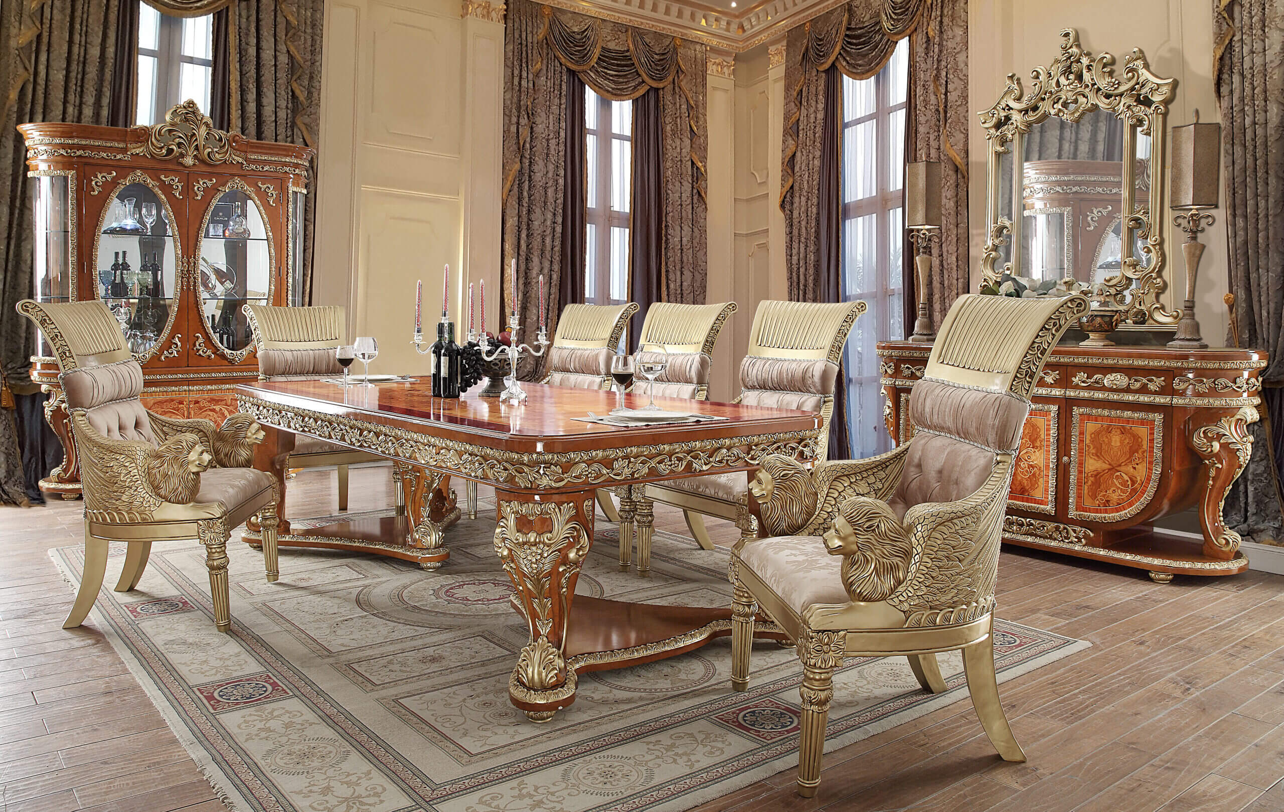 Royal Dining Table in Royal Gold and Cherry Color European Style Wood Carving Lion Head Carved Armrest