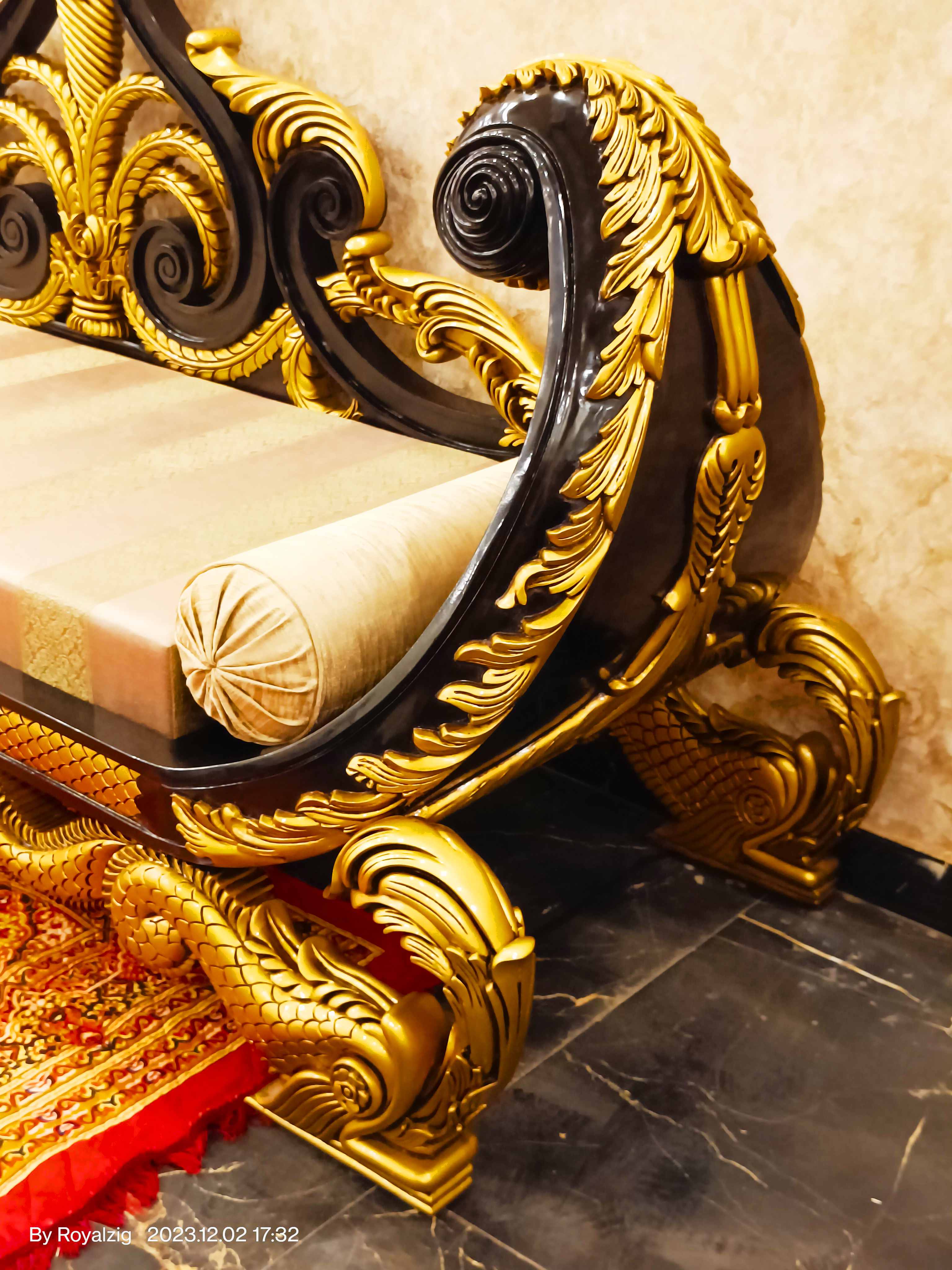 Maharaja Sofa in Teak Wood Carving and Royal Golden Color