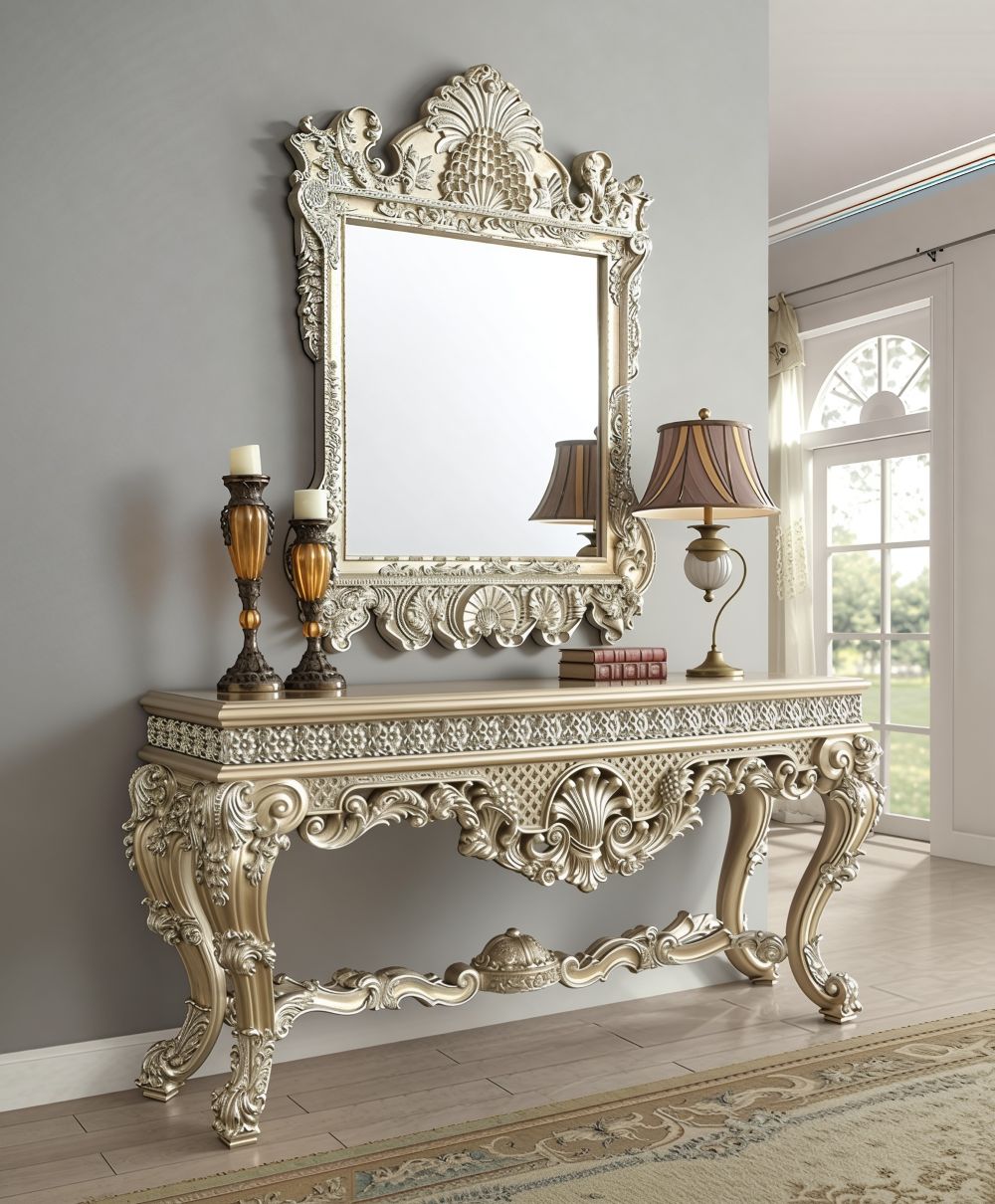 Carved Wood Console Table with Mirror – Classic European Luxury