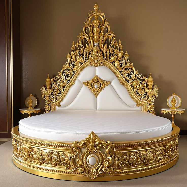 Luxury Round Bed with Gold Ornate Frame and White Upholstery – Elegant  Baroque Design for Royal Bedrooms