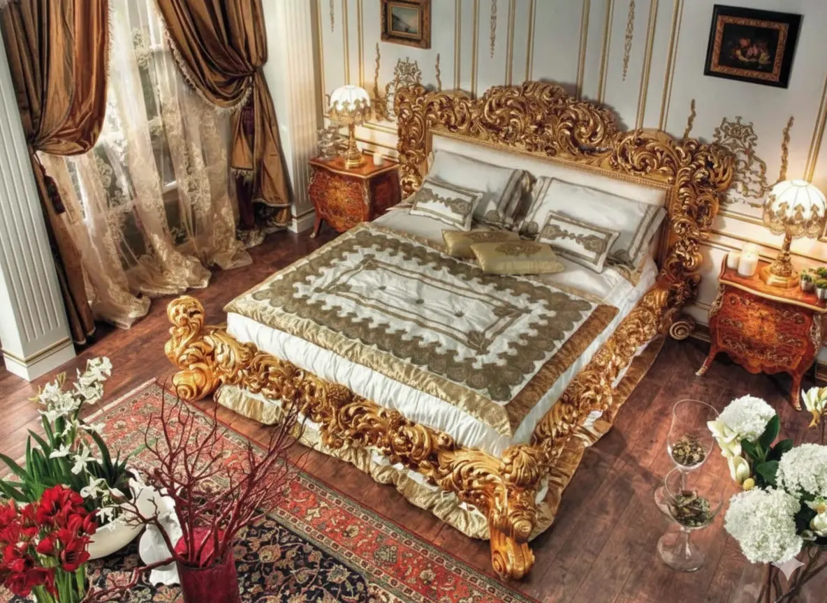 Heavily Carved French Bed – Gold Leaf Baroque Royal Style