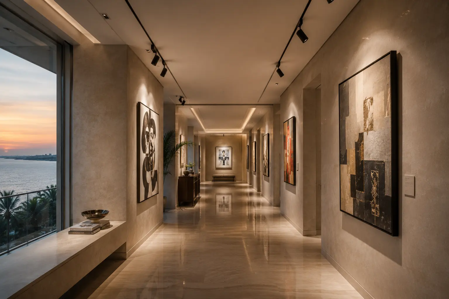 A curated gallery corridor in a Mumbai sea-facing villa
