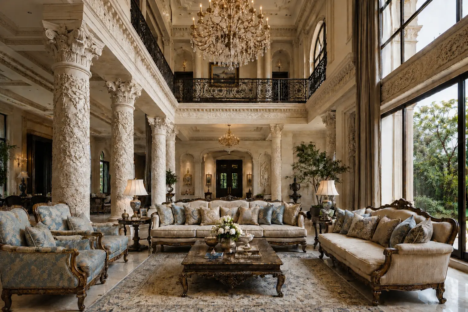 A grand neoclassical living room in Hyderabad villa