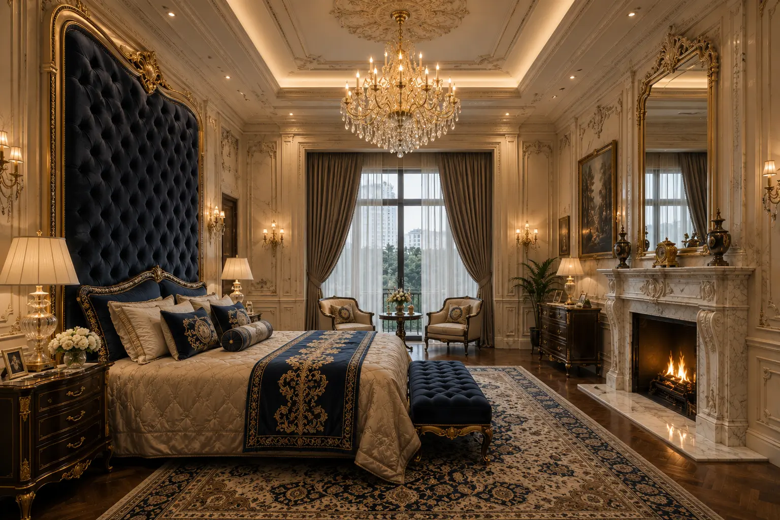 A palatial primary bedroom in a Delhi villa