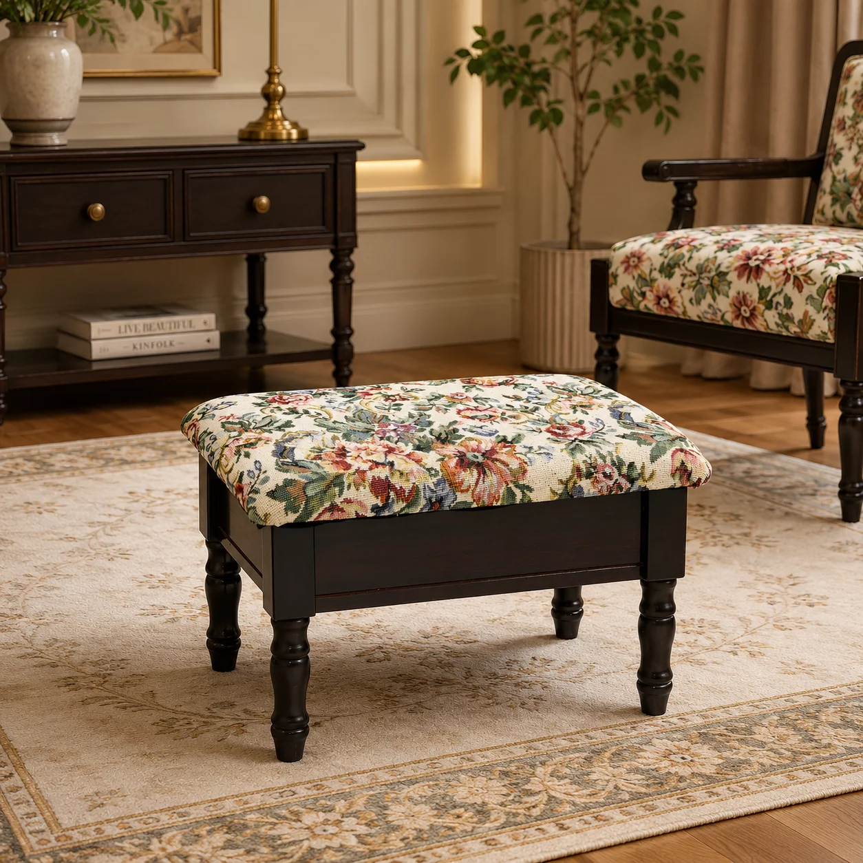 Cleo Linen Floral Upholstered Antique Footstool