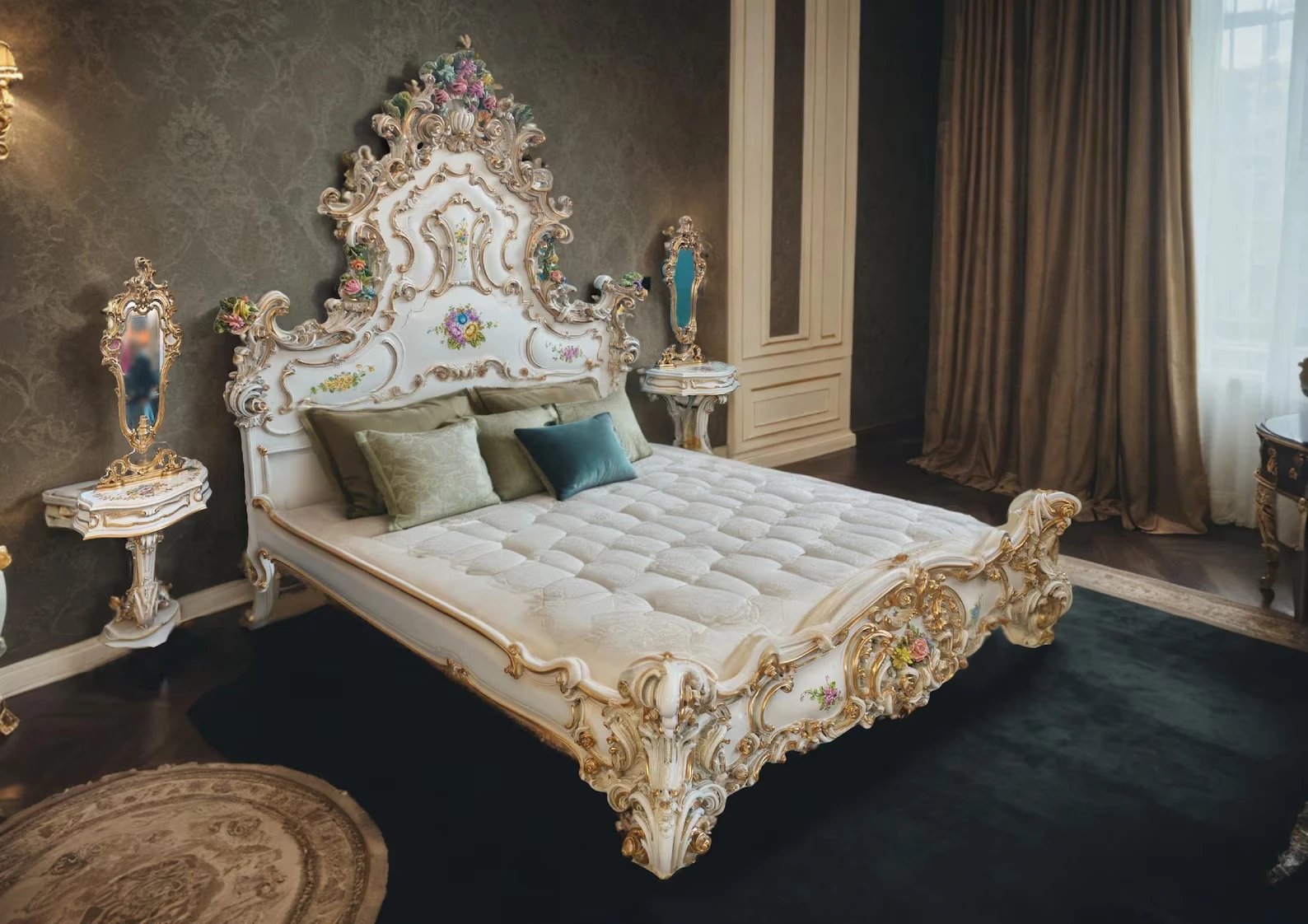 Floral Carved Baroque Bed – Regal Rococo Bedroom Decor