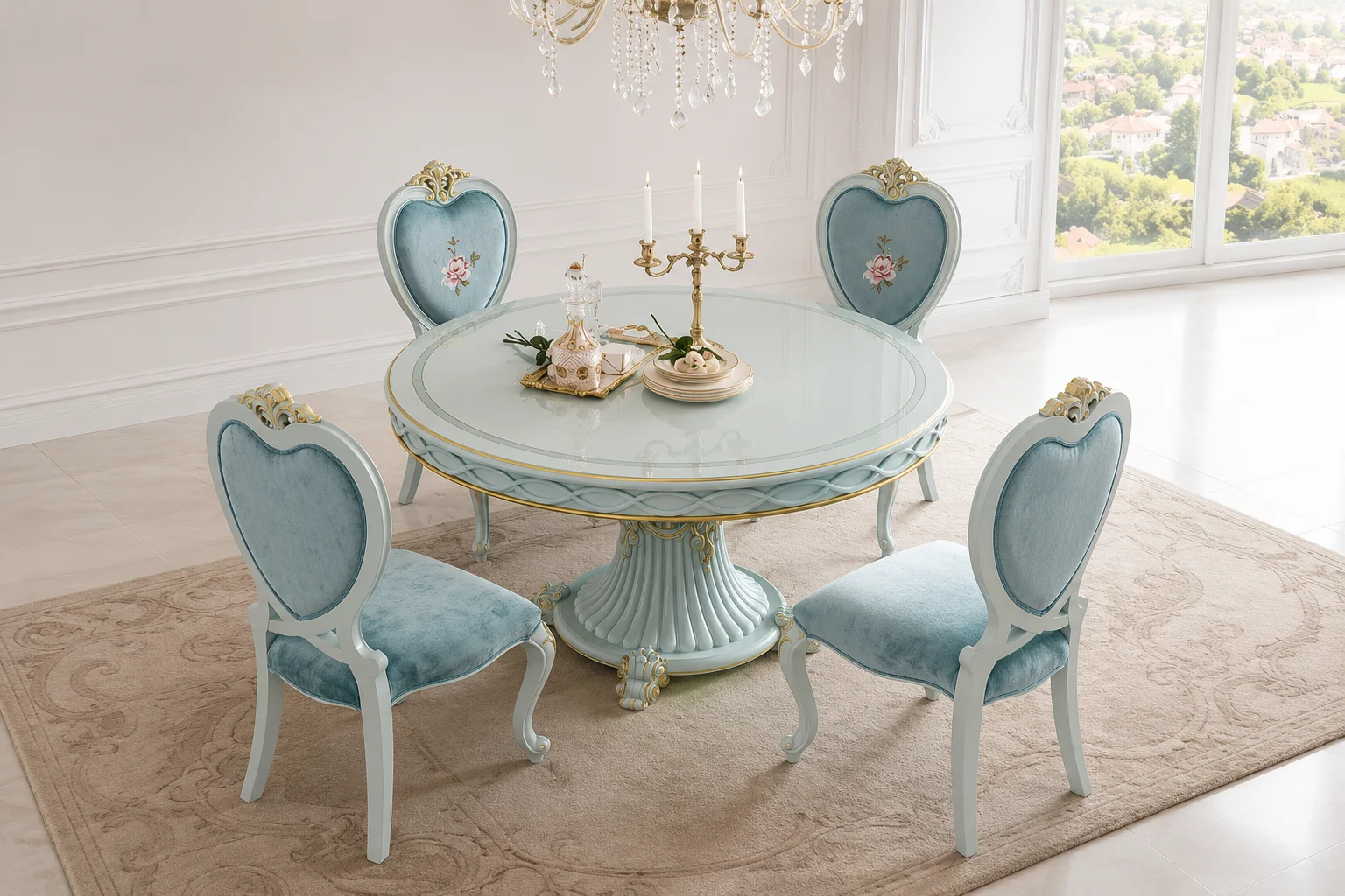 Hand Carved Wooden Round Dining Table Set