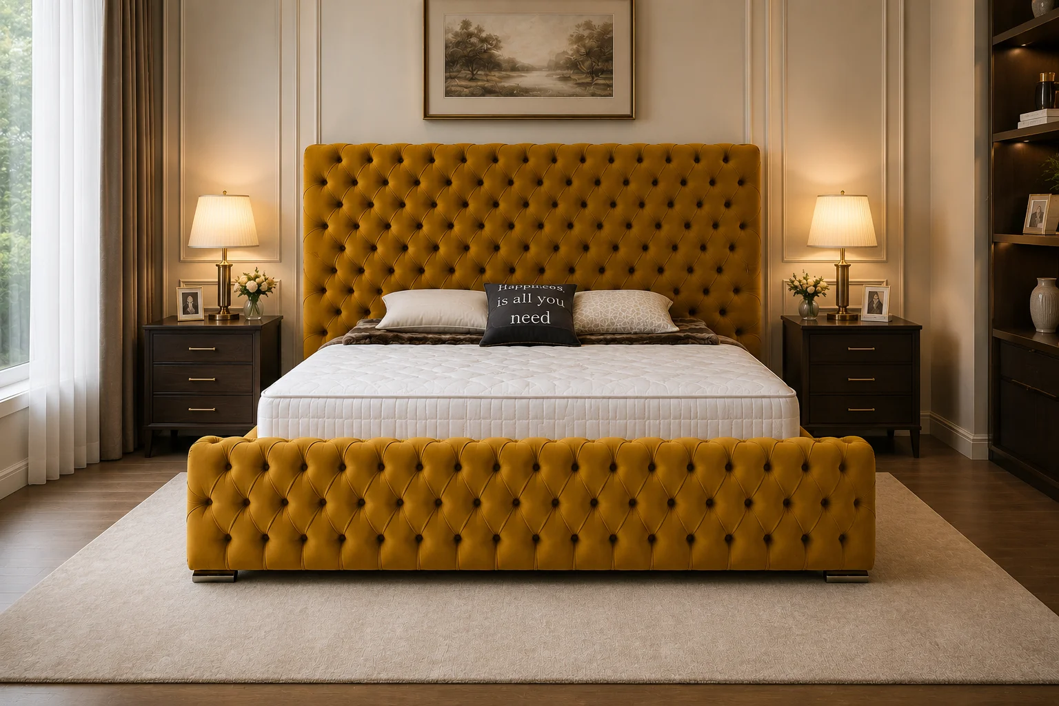 High Headboard Tufted Luxury Bed Velvet Upholstered