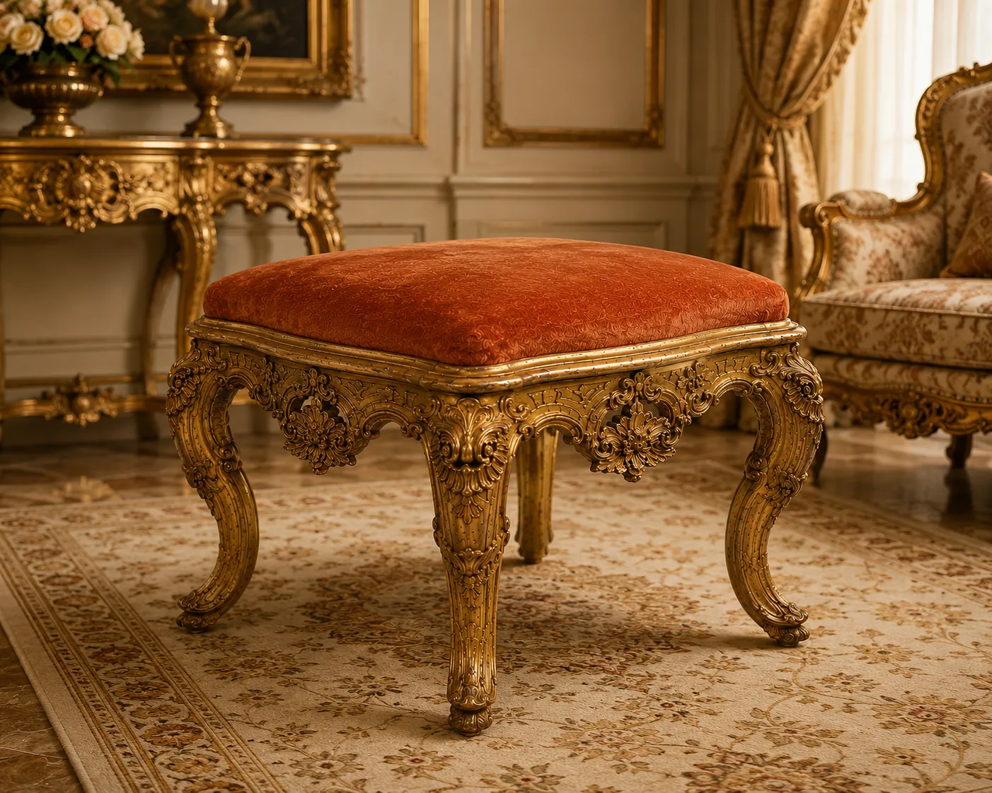 Italian Rococo Carved Giltwood Antique Stools
