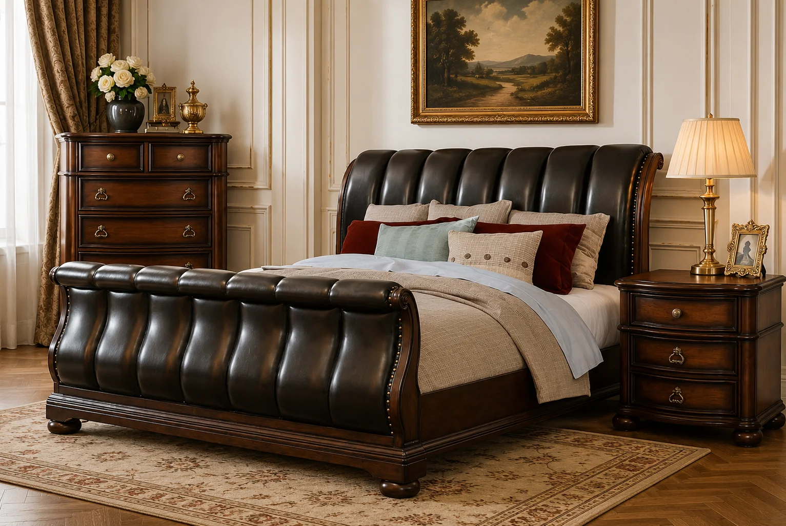 Black Leather Tufted Teak Wood Sleigh Bedroom Set