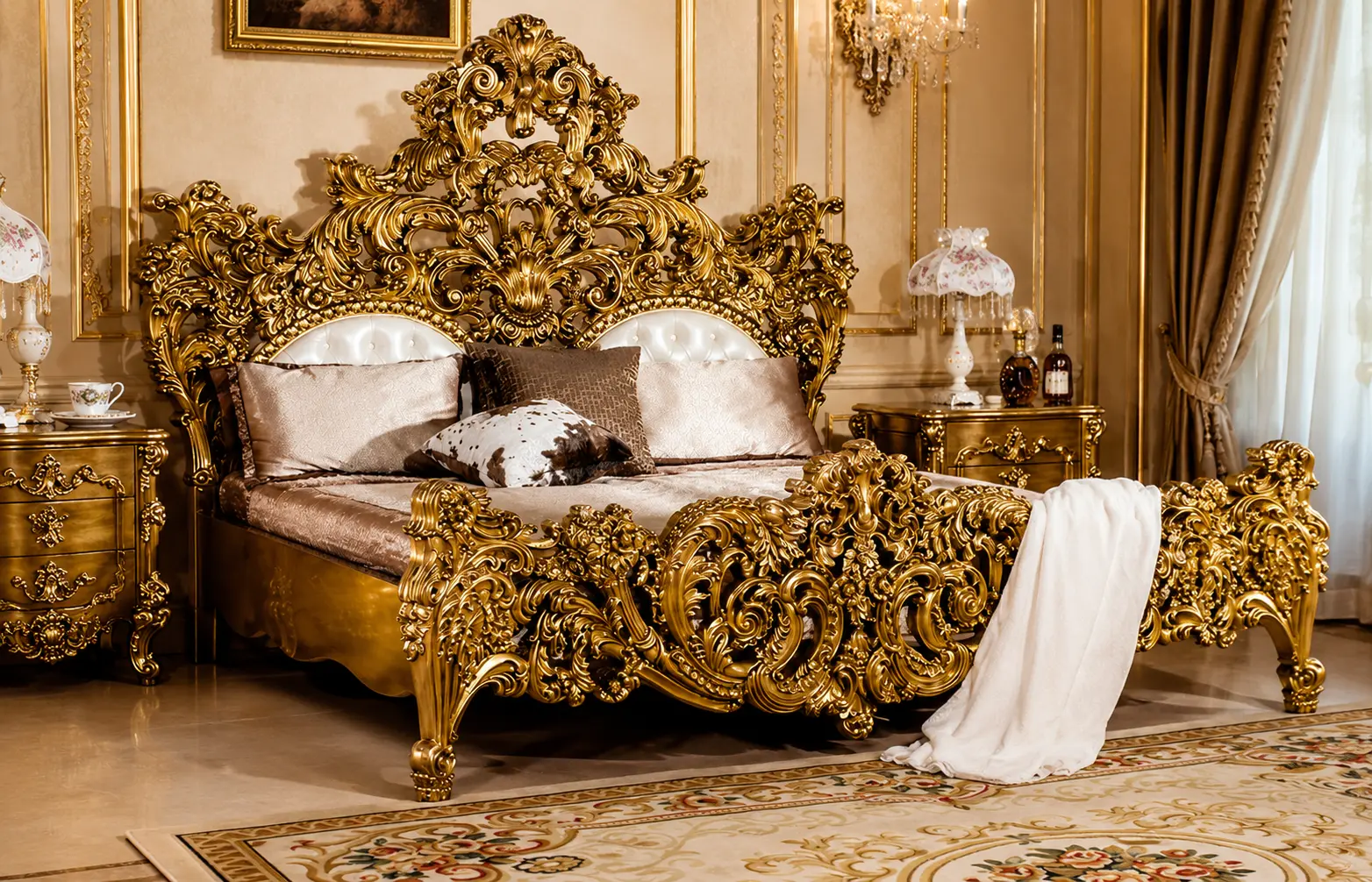 Luxurious Antique Baroque Gold Carved Bed – Ornate Royal Style Bedroom Furniture