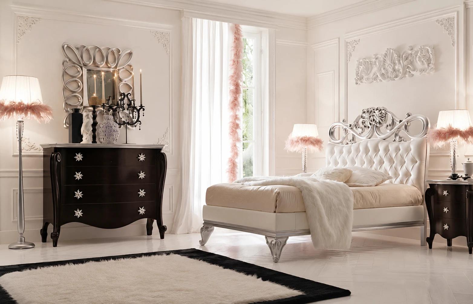 Luxury Italian Bedroom Furniture in Silver with Royal Design Elements