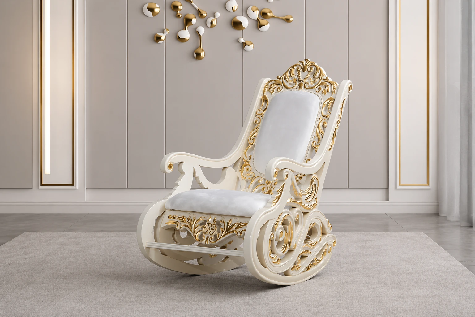 Premium Baroque Rocking Chair – Hand-Carved White Frame, Gold Embellishments & Velvet Upholstery