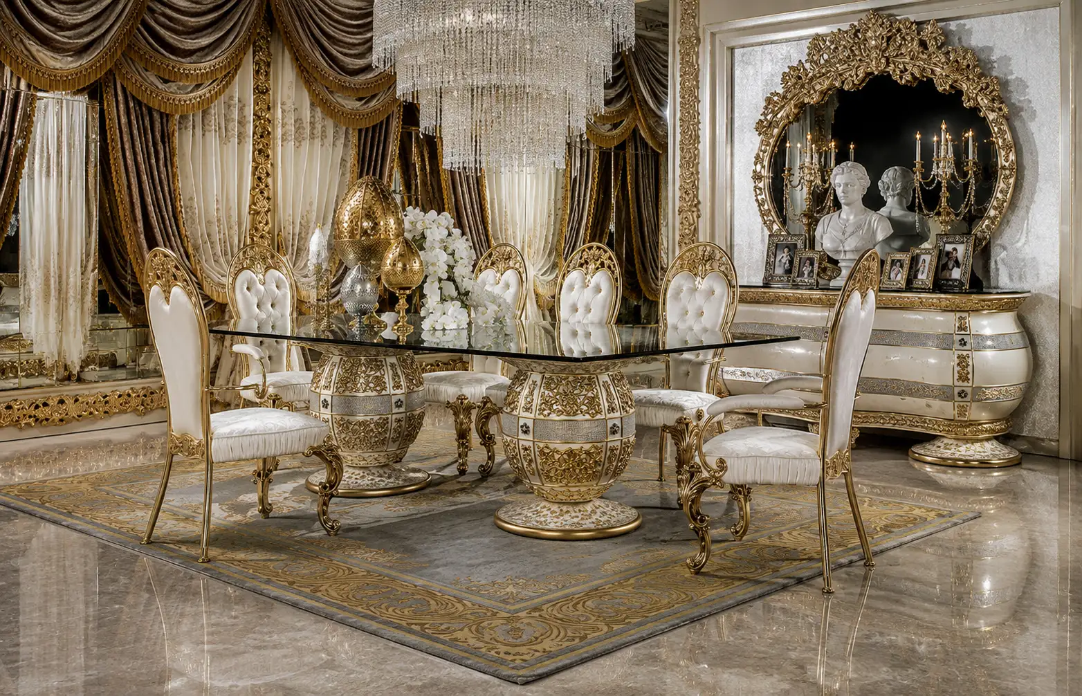 Grand Baroque Dining Table with Decorative Gold Barrel Bases and Crystal-Inspired Glass Top