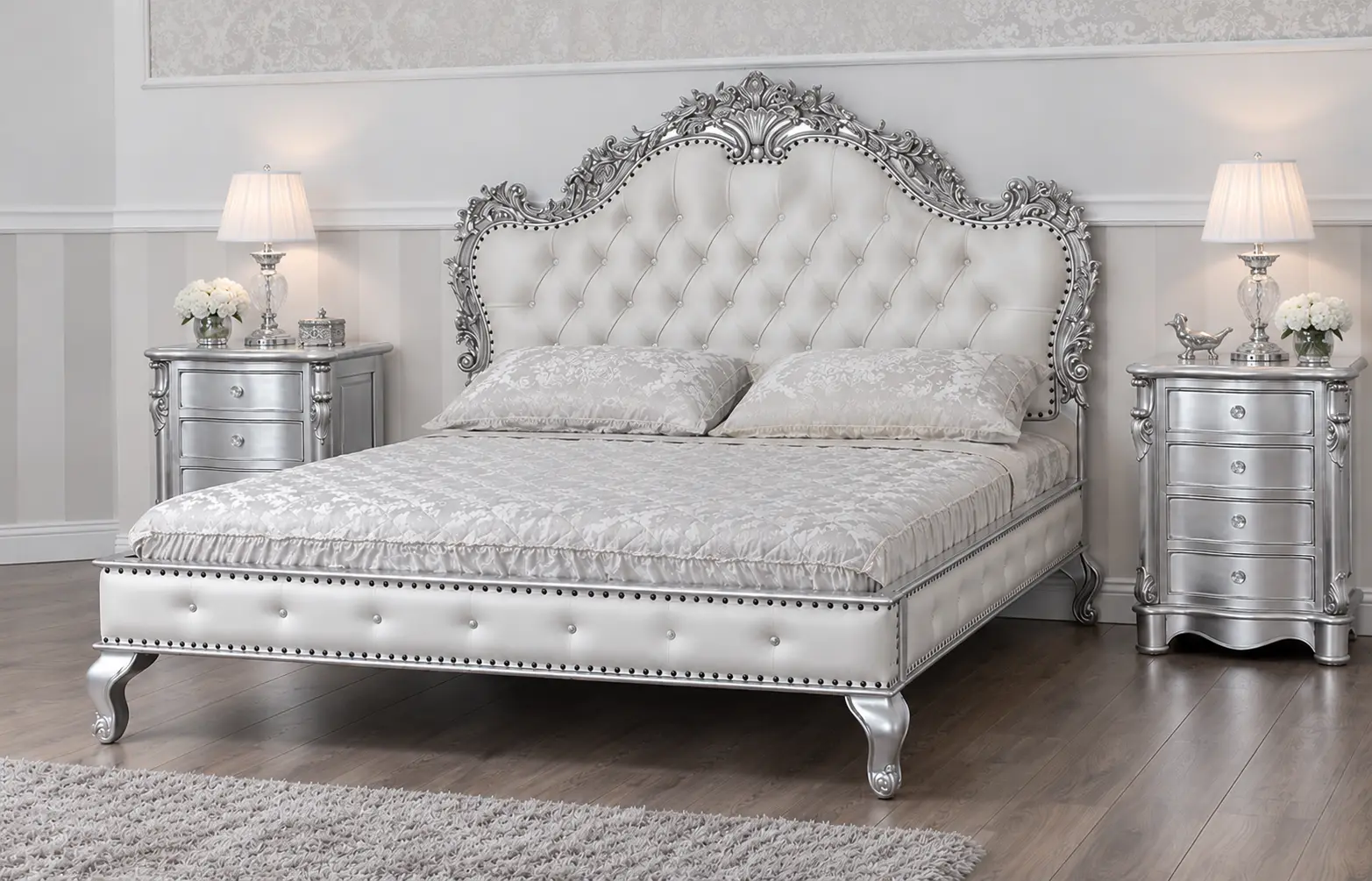 Siliva Hand Carved Tufted Headboard Double Bed