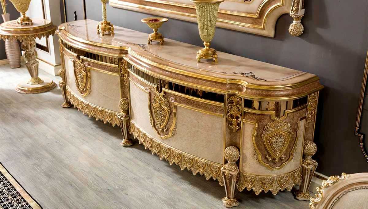 Royal Gold Carved TV Unit | Luxury Handcrafted Wooden Media Console