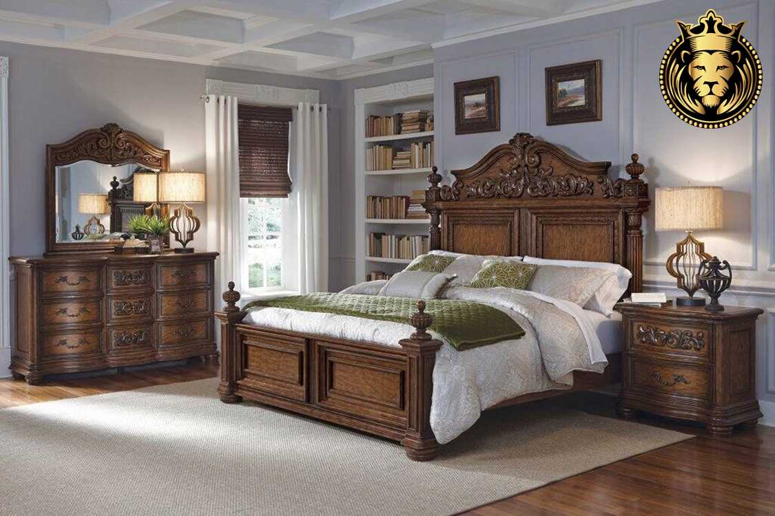Antique bedroom Set Furniture in Teak Wood Carving Design - Hand Carved in India Brand Royalzig Luxury Furniture