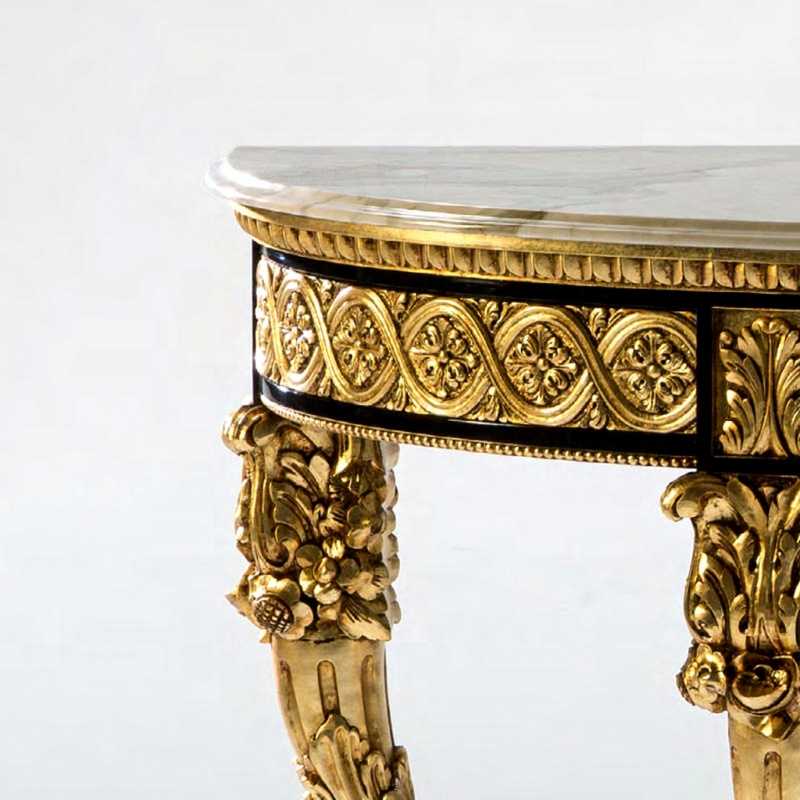 Carved Luxury Console – Gold Finish with Black Vintage Detailing 