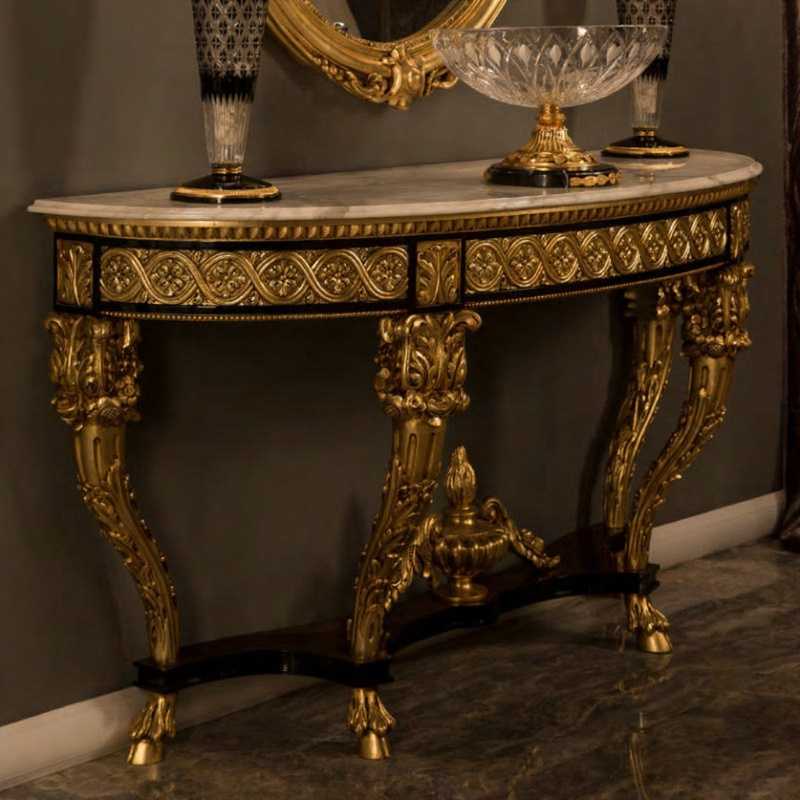 Carved Luxury Console – Gold Finish with Black Vintage Detailing 