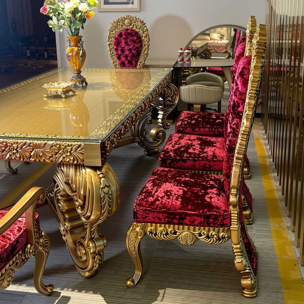 Classic Opulent Dining Table Set – Red Velvet High‑Back Chairs, Gold Heavy Carving  8‑Seater 