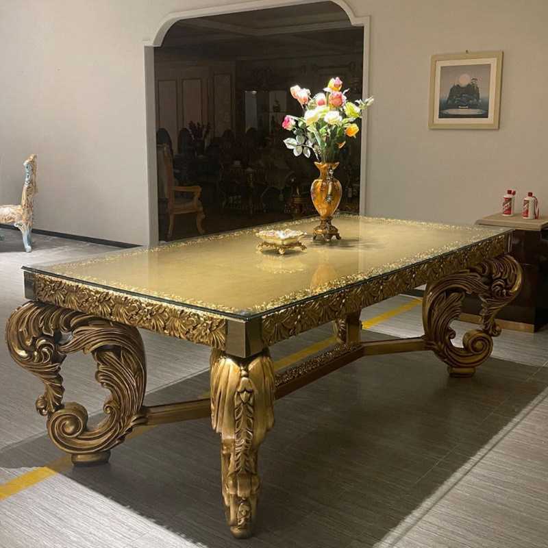 Classic Opulent Dining Table Set – Red Velvet High‑Back Chairs, Gold Heavy Carving  8‑Seater 