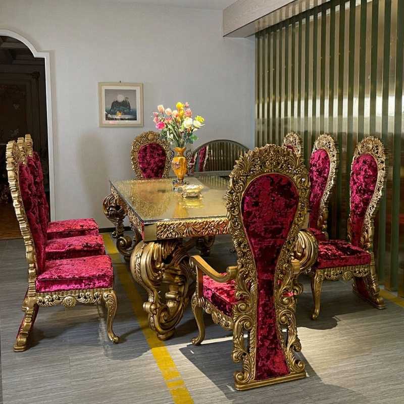 Classic Opulent Dining Table Set – Red Velvet High‑Back Chairs, Gold Heavy Carving  8‑Seater 
