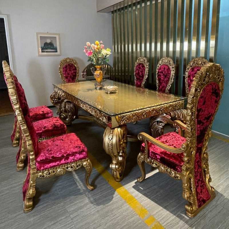 Classic Opulent Dining Table Set – Red Velvet High‑Back Chairs, Gold Heavy Carving  8‑Seater 