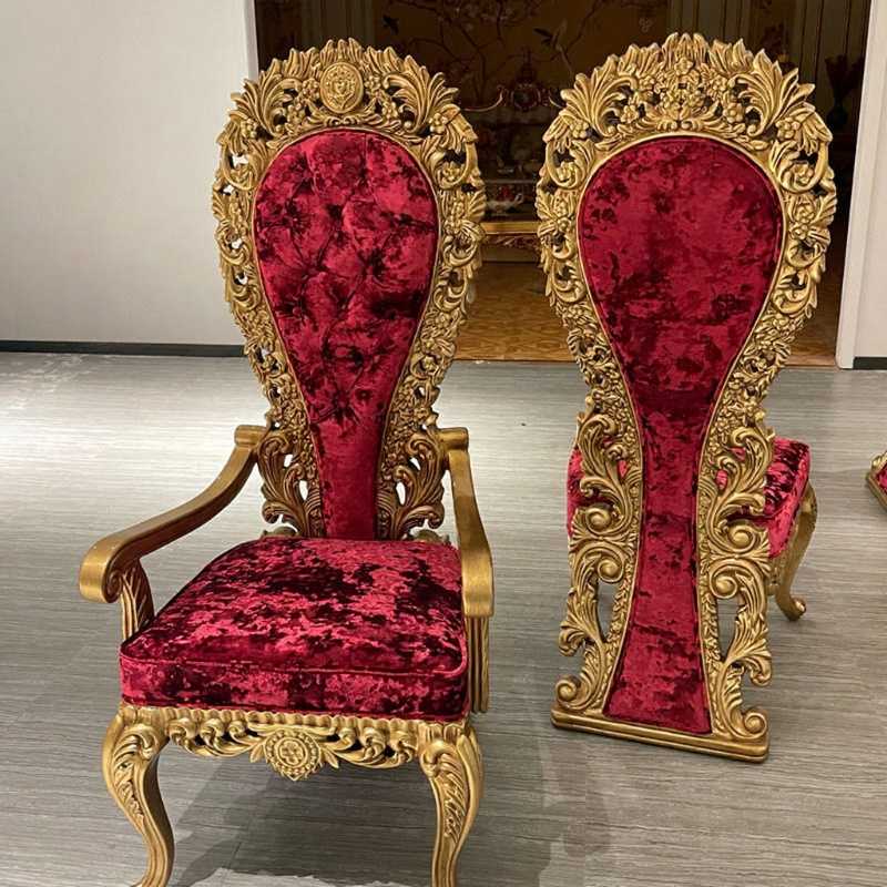 Classic Opulent Dining Table Set – Red Velvet High‑Back Chairs, Gold Heavy Carving  8‑Seater 