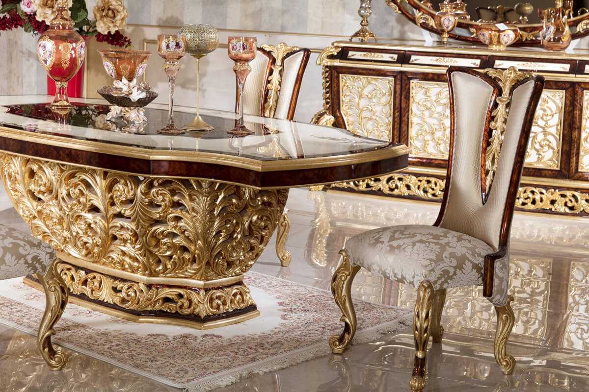  Heavy Carved Luxury Dining Table Set in Baroque Style | Solid Wood Frame with Gold Leaf Carvings, Elegant Fabric Chairs, Matching Buffet, and Mirror Console | Classic Italian Furniture