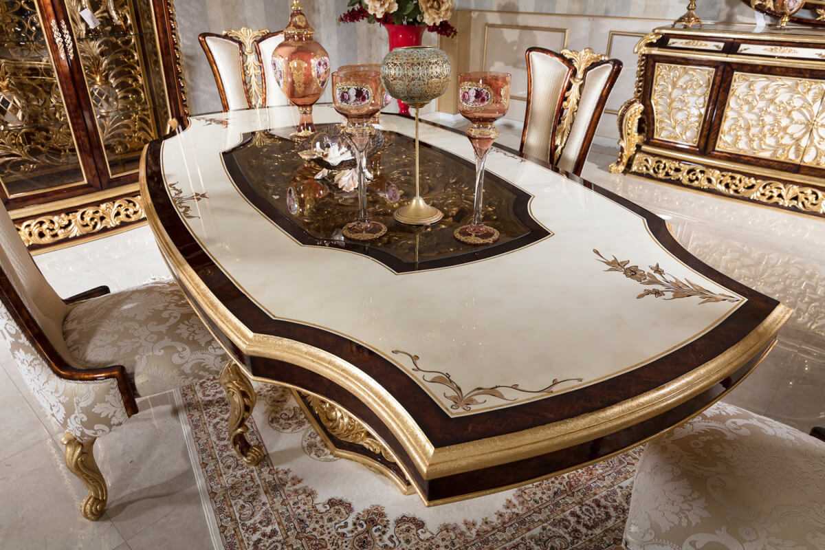 Heavy Carved Luxury Dining Table Set in Baroque Style | Solid Wood Frame with Gold Leaf Carvings, Elegant Fabric Chairs, Matching Buffet, and Mirror Console | Classic Italian Furniture