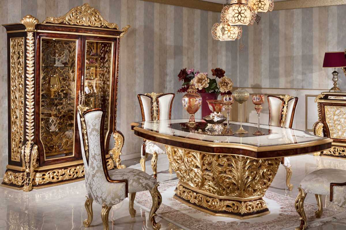  Heavy Carved Luxury Dining Table Set in Baroque Style | Solid Wood Frame with Gold Leaf Carvings, Elegant Fabric Chairs, Matching Buffet, and Mirror Console | Classic Italian Furniture