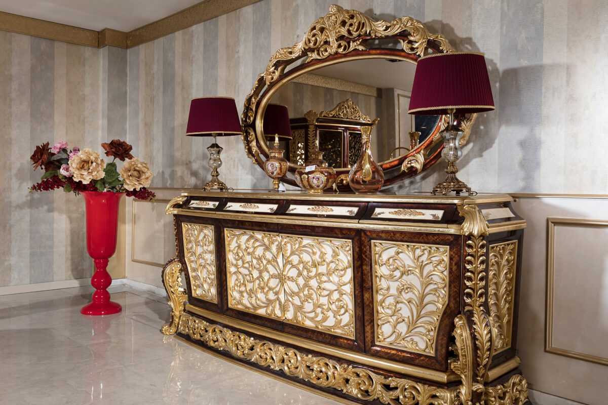  Heavy Carved Luxury Dining Table Set in Baroque Style | Solid Wood Frame with Gold Leaf Carvings, Elegant Fabric Chairs, Matching Buffet, and Mirror Console | Classic Italian Furniture